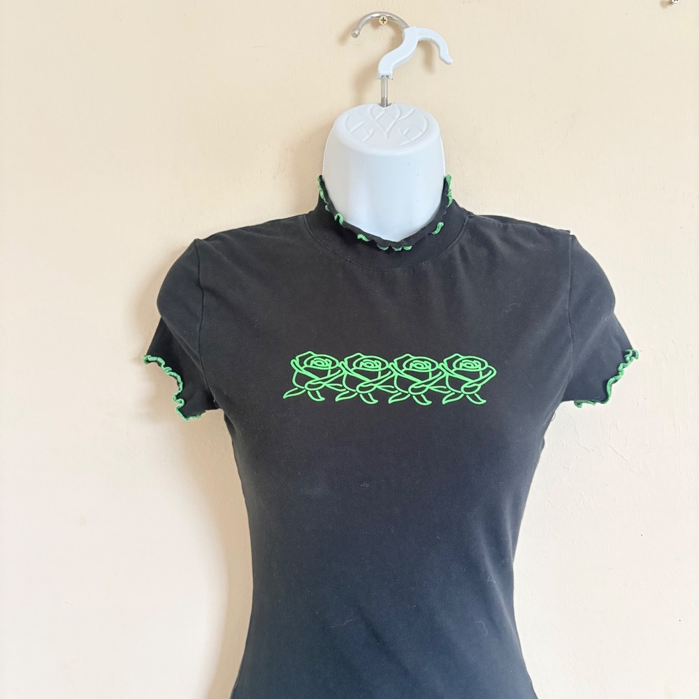 A.Lab Zumiez Blak Bodycon Neon Green Rose Print Ruffle Neck Mini Dress XS - Picture 14 of 16